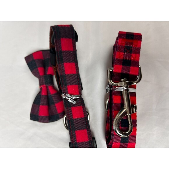 FURRYFECTION 3-Pc Dog Collar Leash Bow Tie Set Red Buffalo Plaid Checkered - Picture 3 of 5